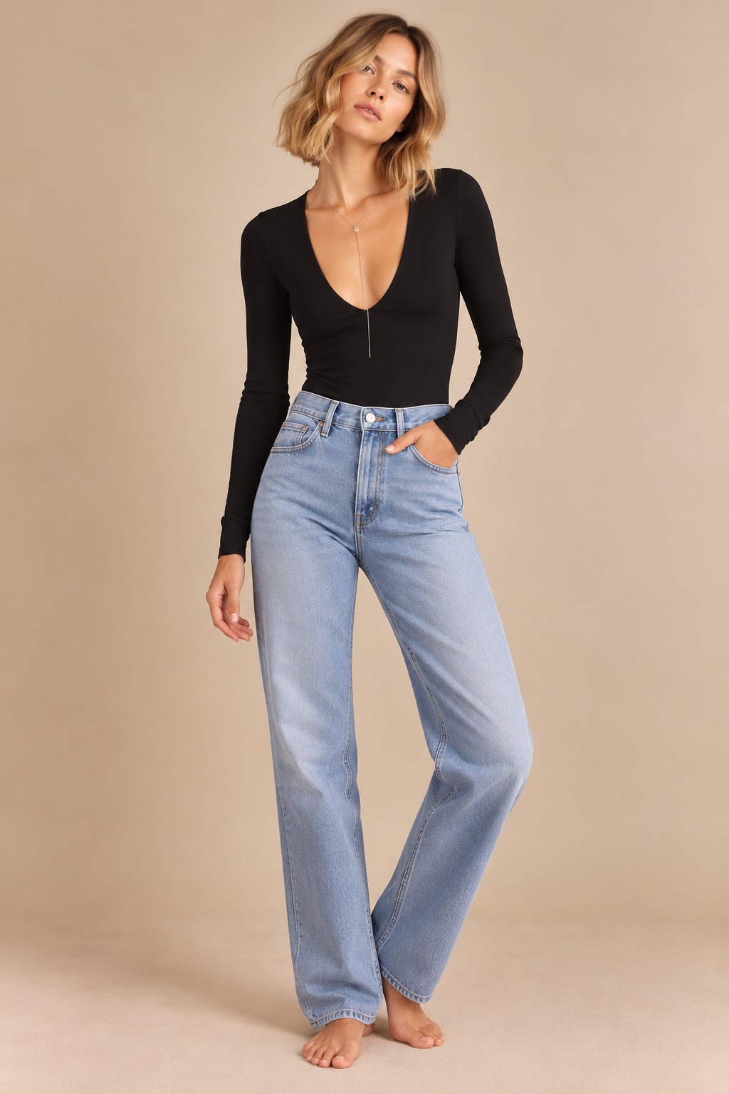 Free People Intimately V Neck Long Sleeve Top